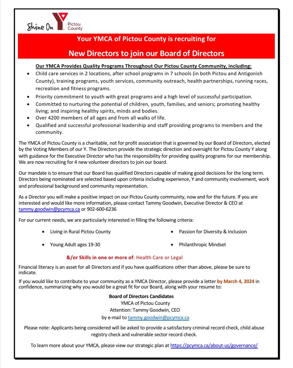 Are you interested in Community development and sharing your leadership skills? We are now recruiting for new Directors to join our Y Board. 

View the full posting here: 
tinyurl.com/PCYBoard

To learn more about YMCA Governance;
pcymca.ca/about-us/gover…

#governance