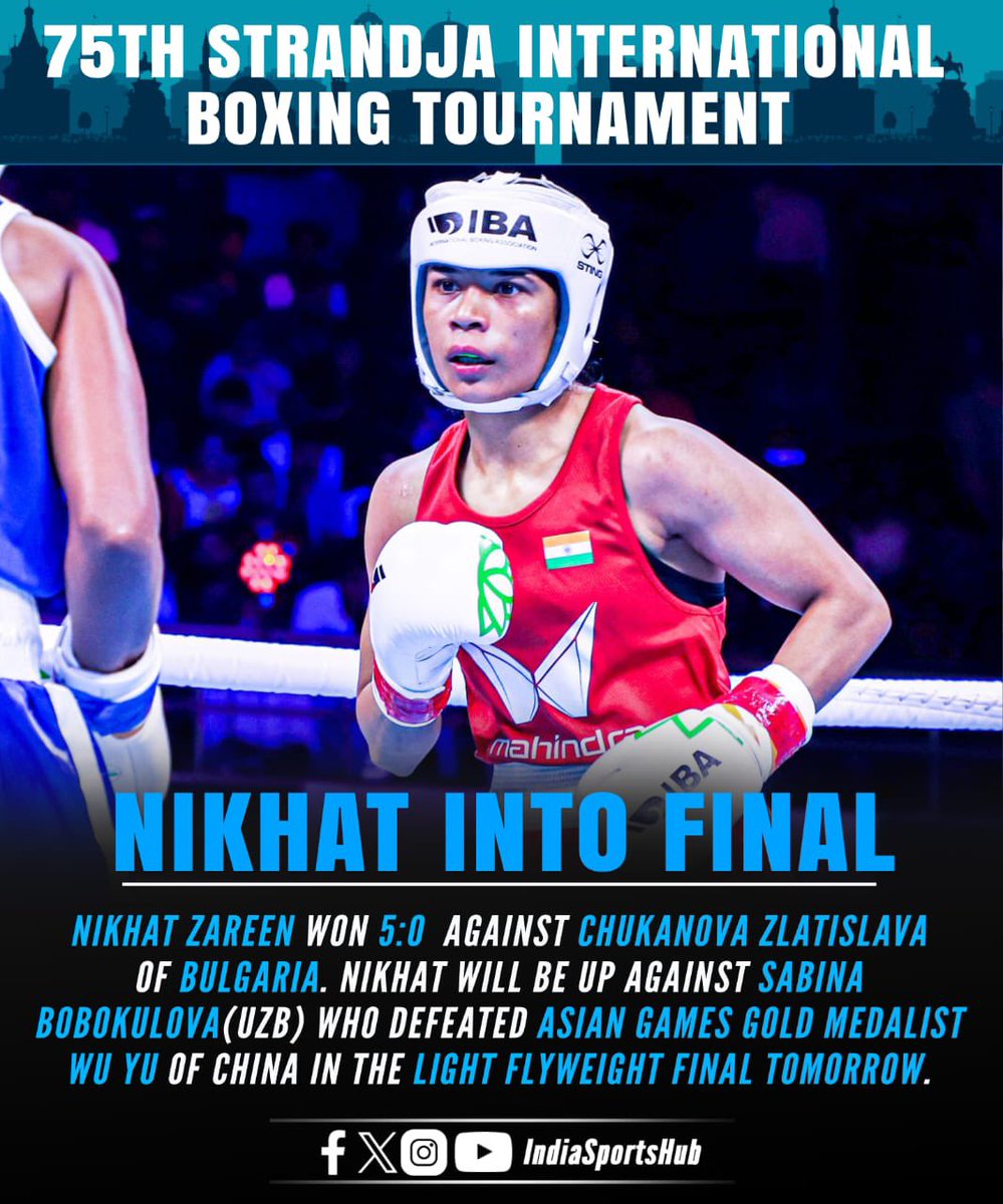 IndiaSportsHub's tweet photo. 🚨 NIKHAT ENTERS FINAL 🚨 

The poster girl of Indian boxing and a key member of the #Paris2024 India squad has stormed into the Final of #Strandja International Boxing Tournament 

All the best for FINAL https://t.co/qitmr6ODeg