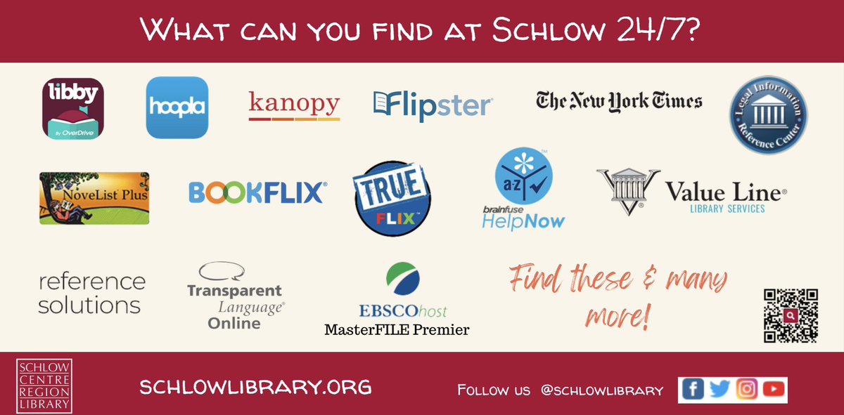 Schlow Centre Region Library (@schlowlibrary) on Twitter photo KIDS, TEENS & ADULTS: Grab your #LibraryCard and #CheckOut our FREE #DigitalContent available 24/7/365!
✅ schlowlibrary.org/books-download…
✅ schlowlibrary.org/books-download…
✅ schlowlibrary.org/books-downloads
<a href="/brainfuse/">Brainfuse</a> <a href="/hooplaDigital/">Hoopla Digital</a> <a href="/Kanopy/">Kanopy</a> <a href="/nytimes/">The New York Times</a> <a href="/LibbyApp/">Libby, by OverDrive</a> <a href="/TLILanguages/">Transparent Language</a> <a href="/ValueLine/">Value Line</a> <a href="/Zoom/">Zoom</a> KIDS, TEENS & ADULTS: Grab your #LibraryCard and #CheckOut our FREE #DigitalContent available 24/7/365!
✅ schlowlibrary.org/books-download…
✅ schlowlibrary.org/books-download…
✅ schlowlibrary.org/books-downloads
<a href="/brainfuse/">Brainfuse</a> <a href="/hooplaDigital/">Hoopla Digital</a> <a href="/Kanopy/">Kanopy</a> <a href="/nytimes/">The New York Times</a> <a href="/LibbyApp/">Libby, by OverDrive</a> <a href="/TLILanguages/">Transparent Language</a> <a href="/ValueLine/">Value Line</a> <a href="/Zoom/">Zoom</a>
