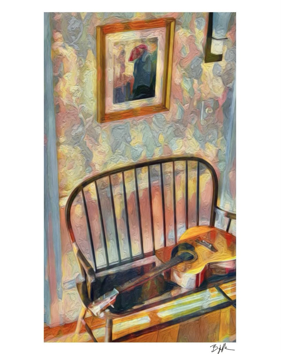 heckman_brad's tweet photo. #StillLife in the The Peacock House foyer, including one of my prints, a bench, a guitar.

#Lubec, #Maine https://t.co/z3nFrgd2JE