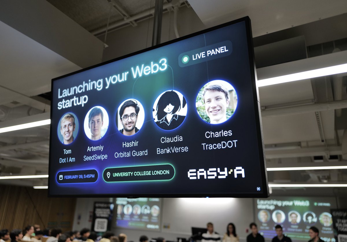 easya_app's tweet photo. Building a Web3 startup?

There was only ONE place to be last night as the EasyA gigabrains we invited to speak at our @UCL panel shared how they went from first learning Web3 in the EasyA app to securing hundreds of thousands in funding ��

Featuring a literal quant from Goldman Sachs and early engineers at unicorn startups, this panel was insane! EasyA gigabrain talent is off the charts! 🧠