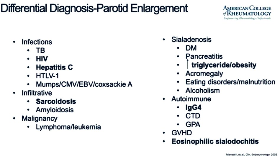 #Parotid enlargement differential #sarcoidosis #IgG4 #HIV #TB #amyloidosis #alcohol #GPA #CTD #MedTwitter