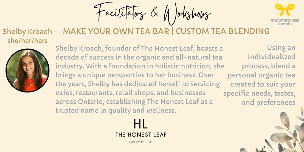 Endometriosis Events Charity (@endoevents) on Twitter photo 🎗️MARCH 2ND FACILITATOR SPOTLIGHT🎗️
Who’s ready to create their very own custom tea?! ☕️🫖
Join <a href="/thehonestleaf/">The Honest Leaf</a> to individualize a blend of organic tea to suit your specific needs, tastes and preferences.
#endometriosis
See you at the tea bar…
🎟️
endowellnessday.eventbrite.ca 🎗️MARCH 2ND FACILITATOR SPOTLIGHT🎗️
Who’s ready to create their very own custom tea?! ☕️🫖
Join <a href="/thehonestleaf/">The Honest Leaf</a> to individualize a blend of organic tea to suit your specific needs, tastes and preferences.
#endometriosis
See you at the tea bar…
🎟️
endowellnessday.eventbrite.ca