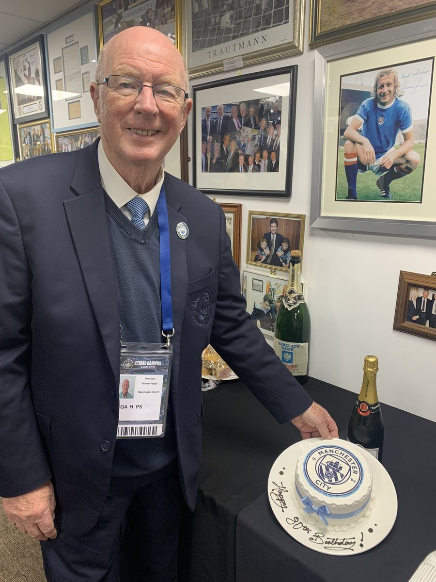 Happy belated 80th Birthday to the great Fred Eyre 🎂⚽️🩵 Photo Left to Right: Richard Edghill, Alex Williams, Ian Brightwell, Joe Corrigan, Peter Barnes, Paul Lake, Fred Eyre, Tommy Booth, David White