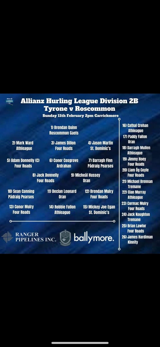 Best of luck to the Roscommon hurlers tomorrow against Tyrone especially Robbie,Cian,Cathal,Darragh &amp; Mark