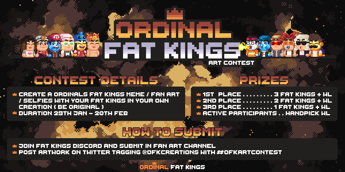 🎉 HuntCoins x <a href="/OFKCreations/">Ordinal Fat Kings</a>

🎟 3 whitelist
🎟 More wl spots to holders &amp; discord members

✨ Follow @huntcoins_ @itsapplepie___ <a href="/OFKCreations/">Ordinal Fat Kings</a>
✨ Like &amp; Retweet  
✨ Tag 3 Friends    
#giveaways #NFTCommunity #alphagroup #NFTGiveaways #NFTshill