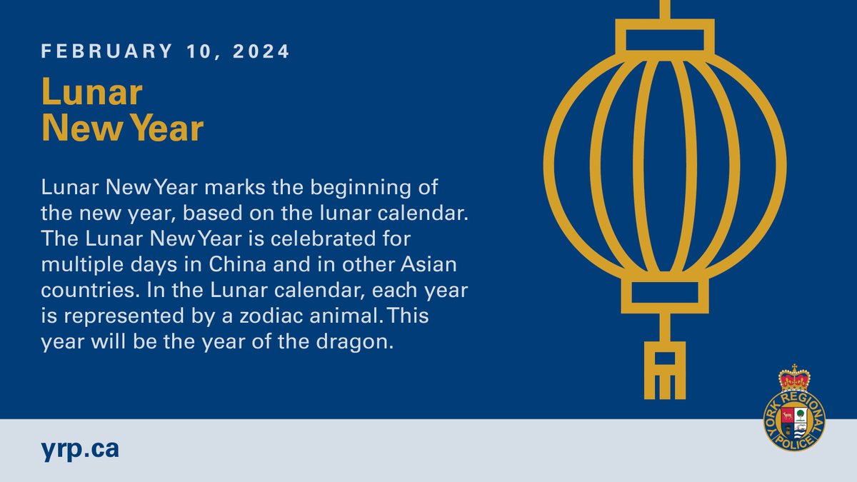 Happy Lunar New Year to everyone who celebrates. We at @YRP hope this year brings you good luck and good fortune.

#LunarNewYear #YRP #YorkRegionalPolice #YorkRegion #GongXiFaCai #KungHeiFatChoi #DeedsSpeak