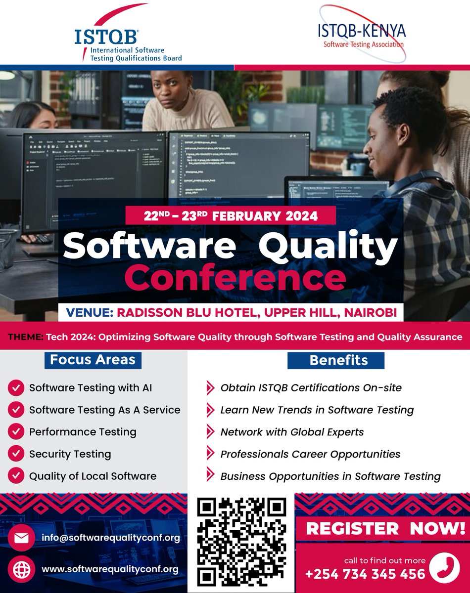 Register for the Software Quality Conference taking place on Feb 22-23 2024 at Radisson Blu Hotel, Upper Hill, Nairobi, Kenya #istqb #istqbkenya #istqbconference <a href="/ISTQBORG/">ISTQB.ORG</a> <a href="/istqbkenya/">ISTQB-KENYA</a> <a href="/istqb/">ISTQB</a> 

softwarequalityconf.org