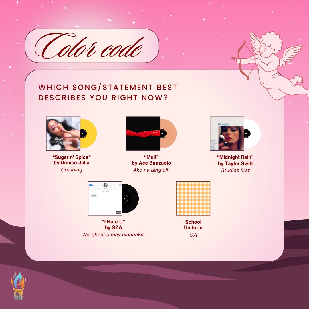 pisaydirectEVC's tweet photo. Got any plans this Valentine’s Day? 🎀

Join us as we spark some fun this Wednesday, February 14th by wearing the color that best describes your ~situation~ according to the songs or statements below! 🩷😉

We’re all in for some surprises this hearts season. 🫣 See you! https://t.co/wnQRgg7UI9