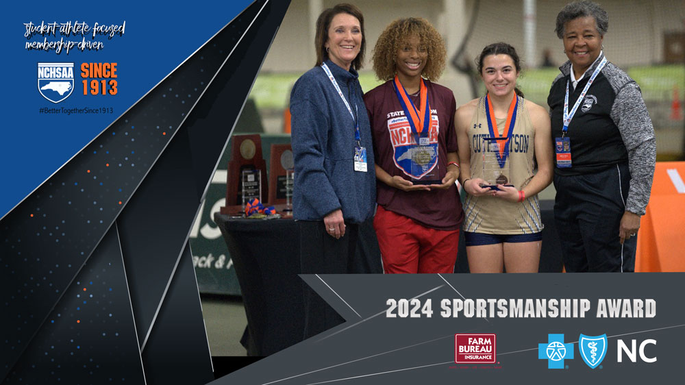 Congratulations to the @NCFarmBureau Sportsmanship Award winners for 4A Indoor Track Jordan Wolverton from @Tabor_City and Ian Mas from @WeddingtonHSNC Marissa Watts from @CuthbertsonHSNC and I’ja Walter from @OlympicTrojans #BetterTogether1913 #NCHSAAIndoor