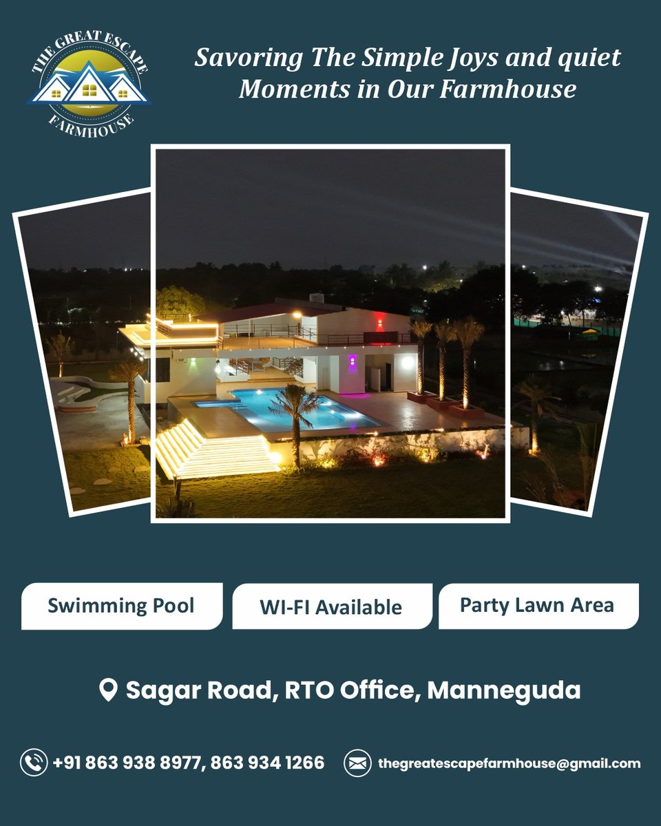 great_escape01's tweet image. The Great Escape Farm House is a Luxurious Farm House with swimming Pool and Camp fire.
For enquiries or to schedule a visit,
Please contact us: +91 86393 88977/+91 86393 41266
Email Address : thegreatescapefarmhouse@gmail.com
#hyderabadi
#Manneguda
#thegreatescapefarmhouse
