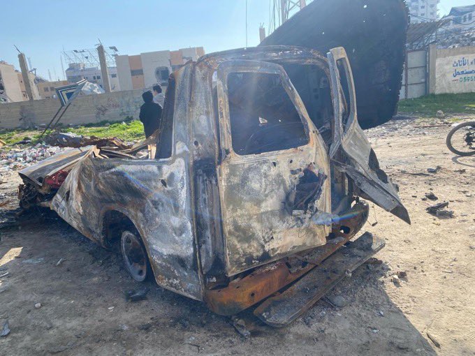 iSA3DOLA's tweet photo. What remains of the PRCS ambulance sent to rescue Hind Rajab 12 days ago. The ambulance was bombed by the Israeli occupation, resulting in the deaths of the crew, Yusuf Al-Zeino and Ahmed Al-Madhoun. https://t.co/SgMu0FsYDp