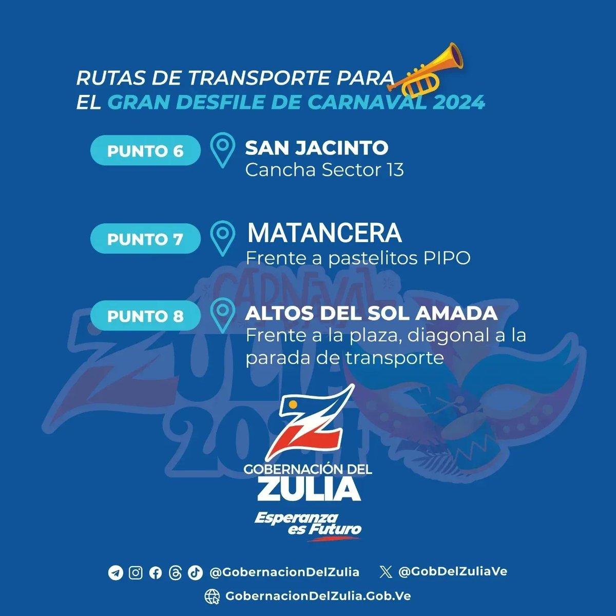 ¡Atención! La Gobernación del #Zulia pone a disposición rutas de transporte para el traslado de zulianos que deseen asistir al Gran Desfile de Carnaval 2024 en el Boulevard 5 de Julio en #Maracaibo. 

Consulta los puntos disponibles y disfruta de este gran show.

#Carnaval2024
