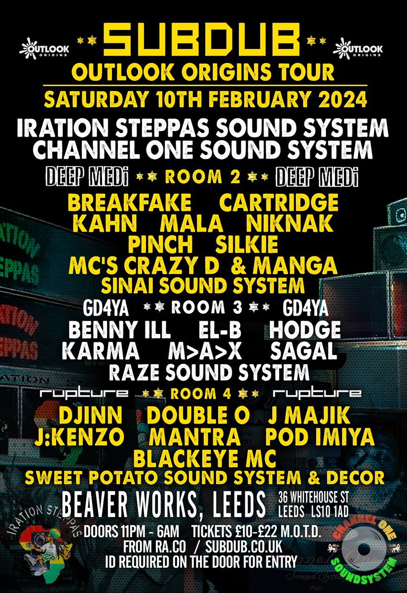 Tonight Leeds for the first show of 2024 <a href="/SUBDUBEXODUS/">SUBDUB</a> 

I'll be playing a Jungle / Drum &amp; Bass set in the <a href="/RuptureLondon/">Rupture</a>  room

Set time 03:00 - 04:00 am 🔊