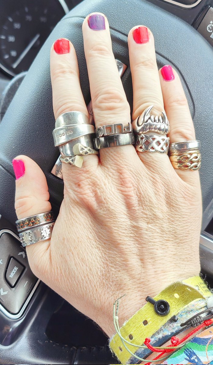 In a break from politics and local issues, something personal. If you've met me you probably know I like my rings and painted nails..
Current 'ring stack' (as I'm told a collection of rings is called) and nail polish.
#RingStack #RingStacking #MalePolish #MenWithNails