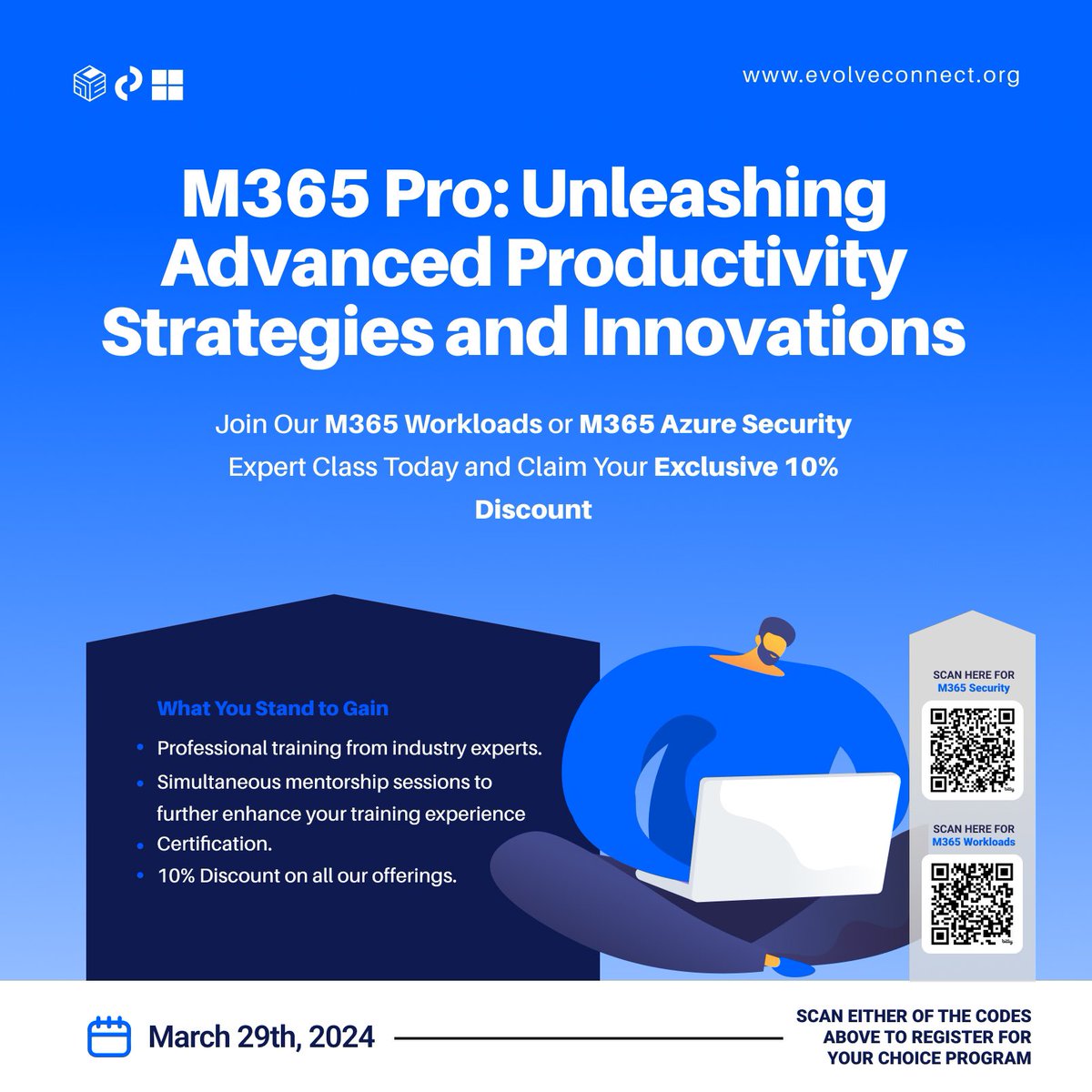 EvolveConnect_'s tweet image. Empower your career journey with seamless tech transformation, Join our M365 Workloads or M365 Security Beginner Class today. Experience expert training, mentorship, certification, and enjoy an exclusive 10% discount. Scan now for your tech breakthrough! 🌟 #TechElevation&quot;