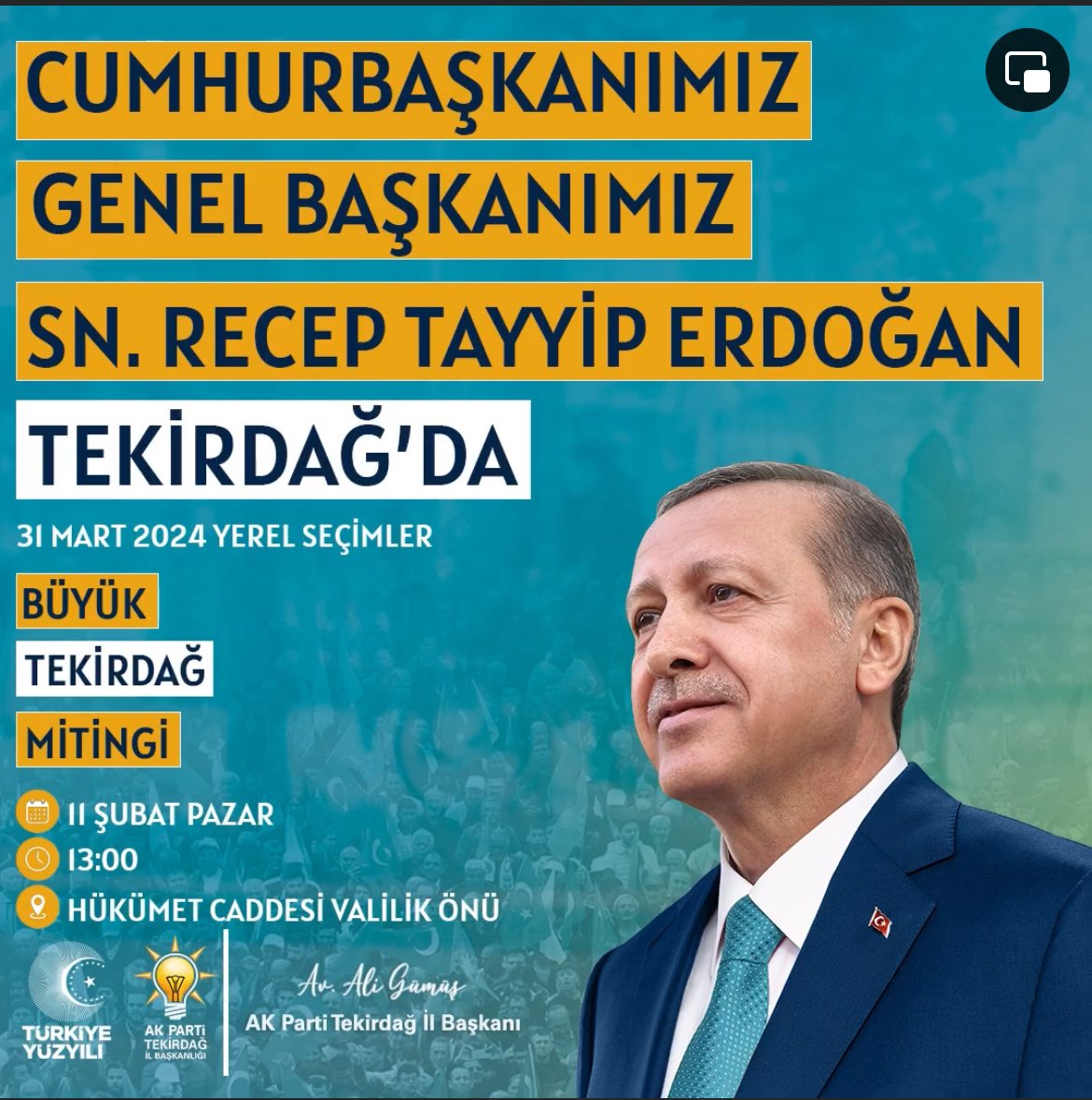 Cumhurbaşkanı Recep Tayyip Erdoğan Tekirdağ’a Geliyor. 
Cumhurbaşkanı Erdoğan, 11 Şubat Pazar Günü Saat 13:00’de Büyük Tekirdağ Mitinginde Tekirdağlılara Hitap Edecek.