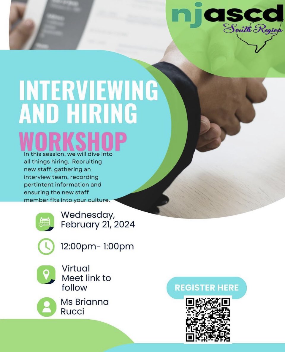 Register today for our upcoming Virtual Interviewing and Hiring Workshop on February 21, 2023. Hosted by NJASCD South, this is the next in their Curriculum and Instruction Basics and Beyond series to support C&I administrators, new and experienced!t