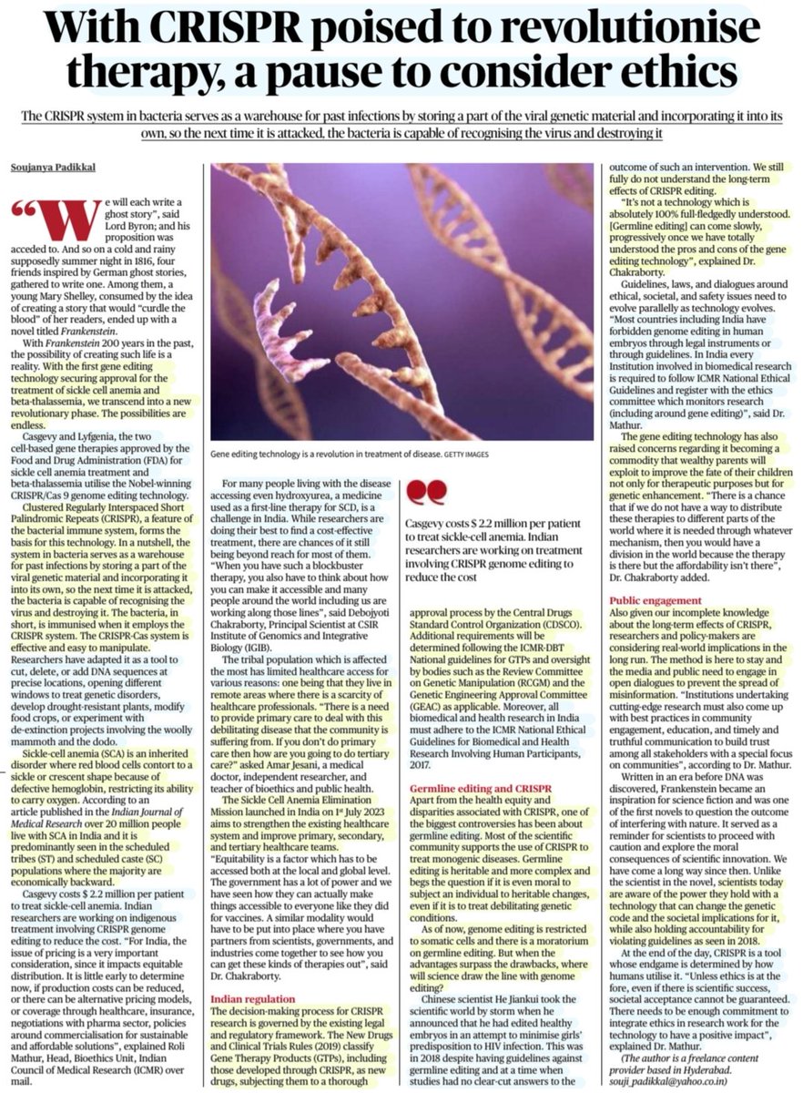 'With CRISPR poised to Revolutionise Therapy, a pause to consider Ethics'

:An Insightful article by Sh Soujanya Paddikal

#CRISPR #GeneEditing #technology
#casgevy #lyfgenia
#SickleCellAnaemia #BetaThalassemia #GermlineEditing #ethics
#healthcare
#Science 

#UPSC 

Source: TH