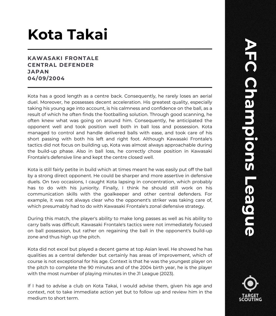 Kota Takai (CB, '04, 🇯🇵) played 90 minutes for Kawasaki Frontale in their 2-2 draw against Ulsan Hyundai 🇰🇷 in the AFC Champions League🌏. 

Read <a href="/vincentverb/">Vincent</a>'s thoughts here 👇