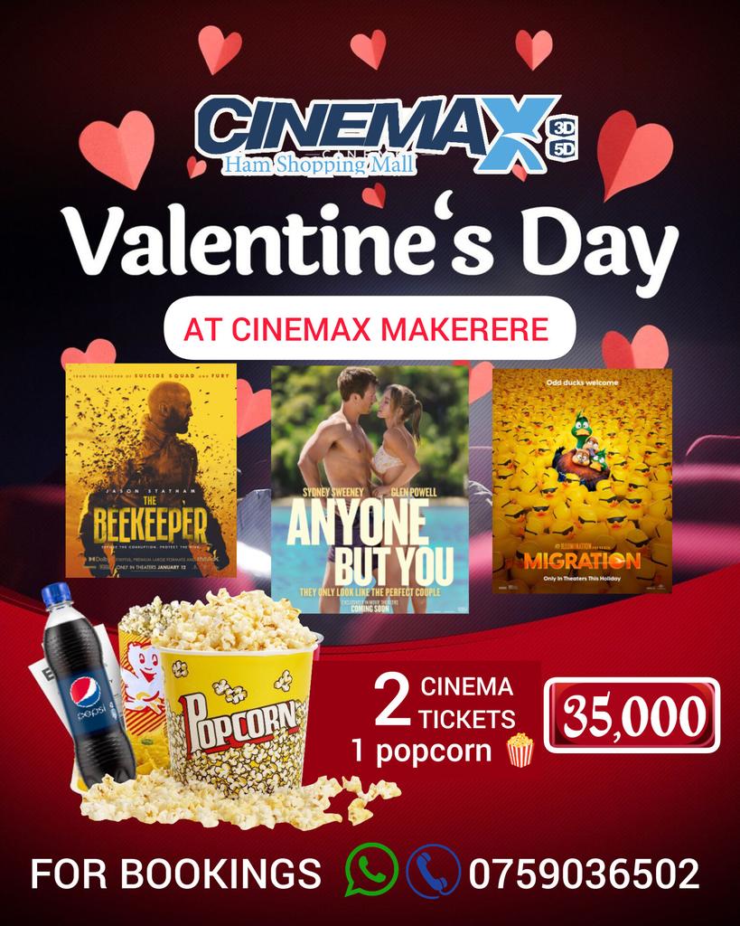 CINEMAX MAKERERE is turning up the heat this Valentine's Day with our special couples offer! 👩‍❤️‍💋‍👨💖
Bring your date to watch any of the latest movies and pay just  35,000 (35k)  for ( 2 tickets, 1 popcorn ).
RSVP: 0759036502

#ValentinesDay #ValentineDay #Valentine #valentinesvibes