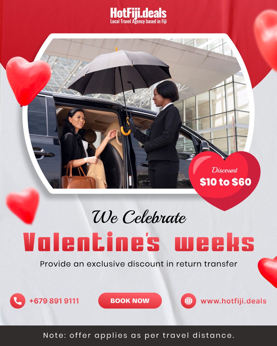 Fiji Bliss Awaits: Celebrate Valentine's Week with Exclusive Transfers from Hot Fiji Deals!

#HotFijiDeals #FijiTransfers #ValentinesDay #FijianLove #IslandRomance #ExclusiveOffer #PrivateTransfer #StressFreeTravel #RomanticGetaway