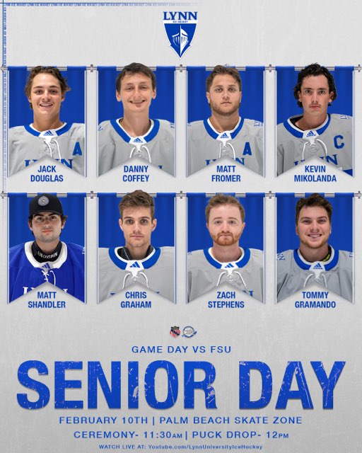 Lynn University Ice Hockey (@lynnicehockey) on Twitter photo Senior Day!
🏒: vs. <a href="/fsuicehockey/">FSU Hockey</a>
🕛: Ceremonies 11:30 am, Game 12:00 noon
📍: <a href="/PBSkateZone/">Palm Beach Skate Zone</a>
🎟: $7/person. Free for all students with ID
📺: Watch live, for free, at YouTube.com/LynnUniversity…
💰: Donate to us at give.lynn.edu/icehockey
#WeAreLynn @AAUCollegeHoc <a href="/CollegeHkySouth/">College Hockey South</a> Senior Day!
🏒: vs. <a href="/fsuicehockey/">FSU Hockey</a>
🕛: Ceremonies 11:30 am, Game 12:00 noon
📍: <a href="/PBSkateZone/">Palm Beach Skate Zone</a>
🎟: $7/person. Free for all students with ID
📺: Watch live, for free, at YouTube.com/LynnUniversity…
💰: Donate to us at give.lynn.edu/icehockey
#WeAreLynn @AAUCollegeHoc <a href="/CollegeHkySouth/">College Hockey South</a>
