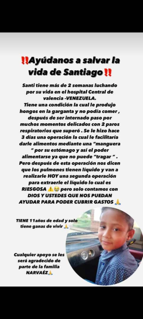 Santiago de 11 años se encuentra hospitalizado hace más de 2sem en la CHET luego de una delicada operación a causa de hongo estomacal, nuevamente debe ser intervenido ya q tiene liquido en los pulmones, se necesita LOS INSUMOS para salvar su vida @avilaelguerrero @rafaellacava10