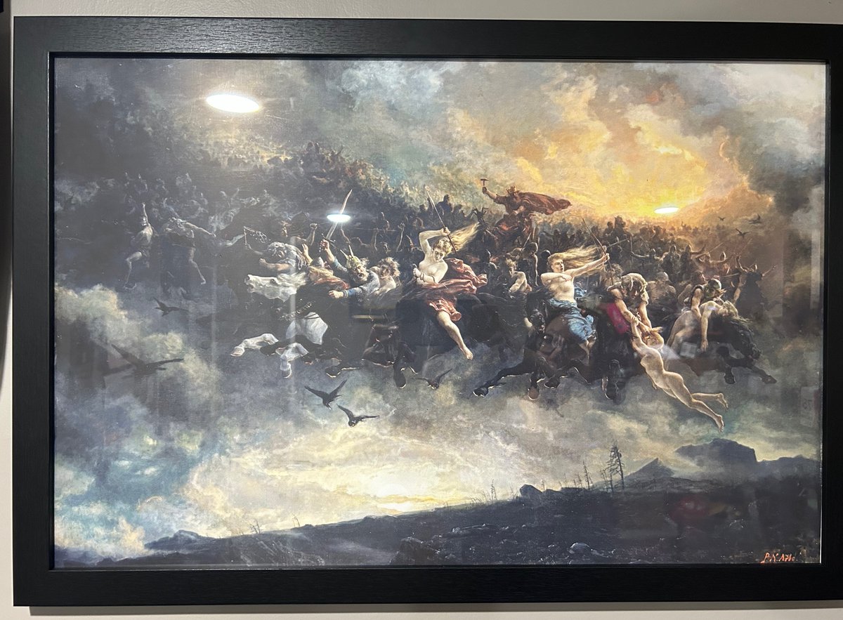 SurrealLust's tweet photo. I got and framed a canvas print of Peter Nicolai Arbo‘s ‘The Wild Hunt of Odin‘ that I hung in my office. It’s well known as the cover art for Bathory’s ‘Blood, Fire, Death.’ So inspiring! 🤘🏼#Swedishmetal #Quorthon #Bloodfiredeath https://t.co/lJLavYgB5u