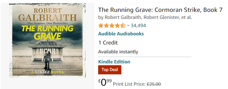 The Kindle Edition of The Running Grave is on sale for only 99p today!
#CormoranStrike
#TheRunningGrave