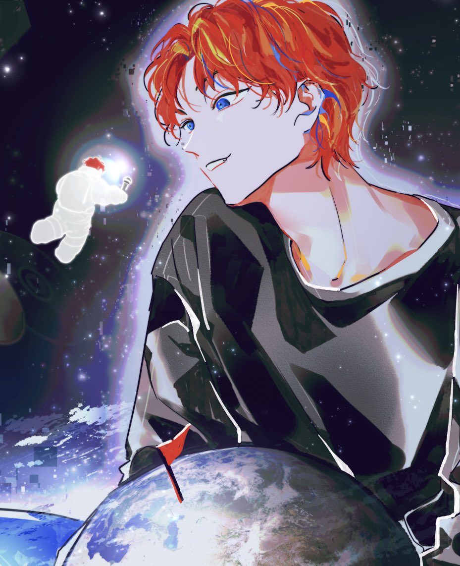 1boy male focus space planet blue eyes short hair red hair  illustration images