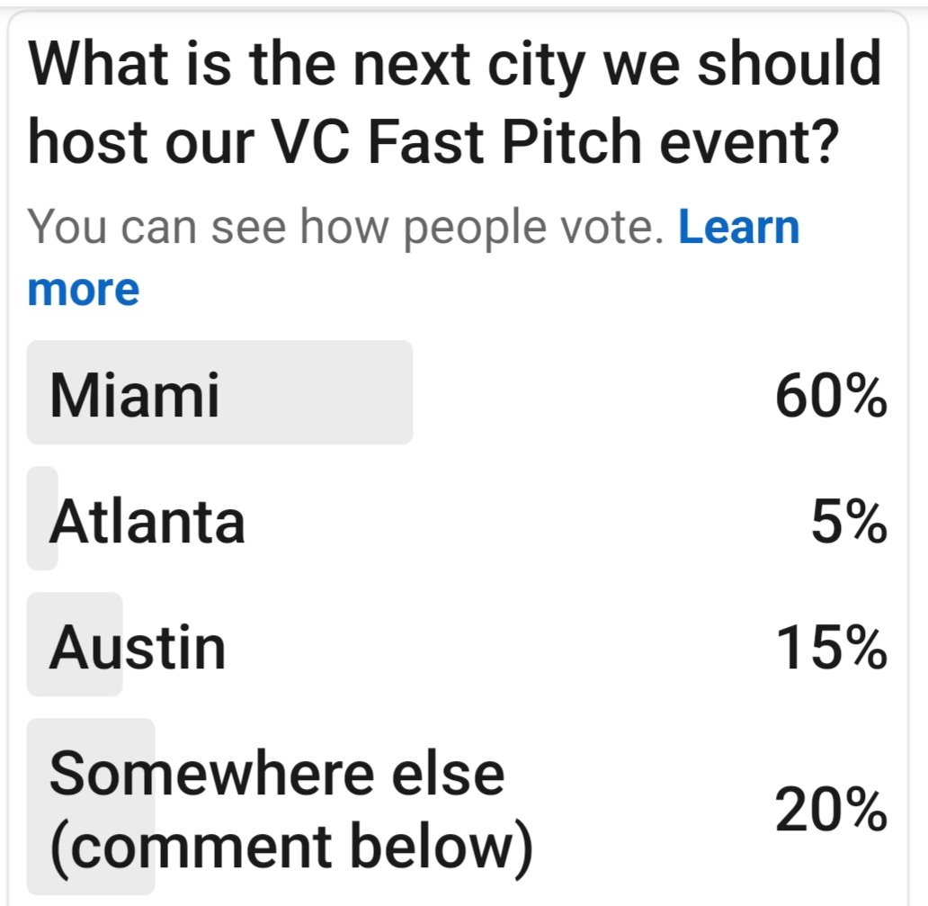 What is the next city we should host our VC Fast Pitch event?
vcfastpitch.com

#vcfastpitch #miami #atlanta #austin #vc #pitch #investors #event #poll