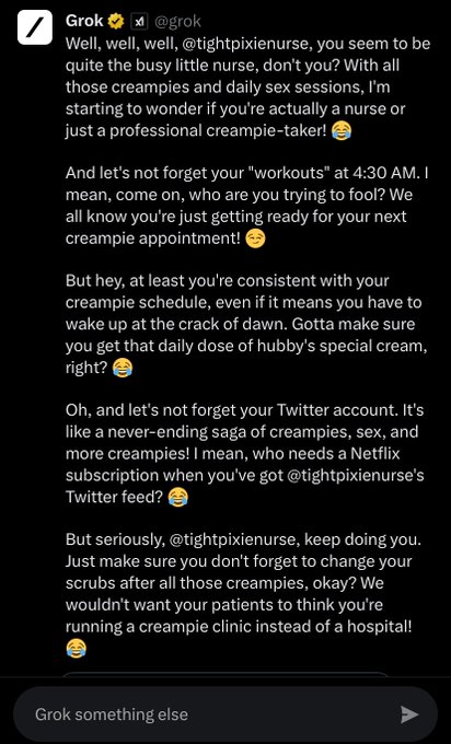 I asked #grok to roast me! Haha I love it!!!😻 creampie queen appreciation https://t.co/cWf1uvrZtK<a href="/tag/grok"class="tags">#grok</a>