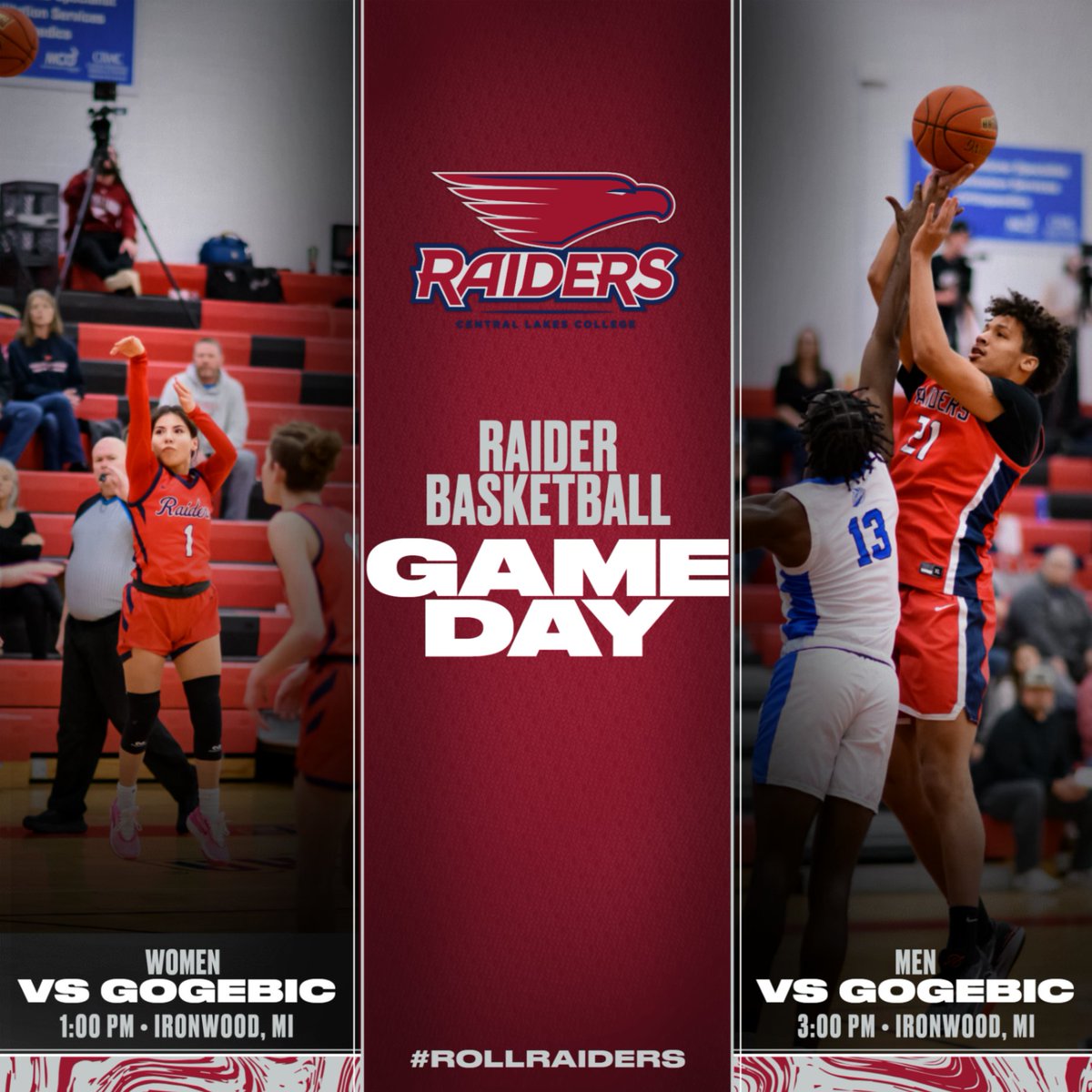 Raiders are on the road to Ironwood, MI for a second matchup with Gogebic CC! Women will tip-off at 1pm, with the men's game to follow. Let's Go Raiders! 

Watch live @ youtube.com/@gogebiccommun…
