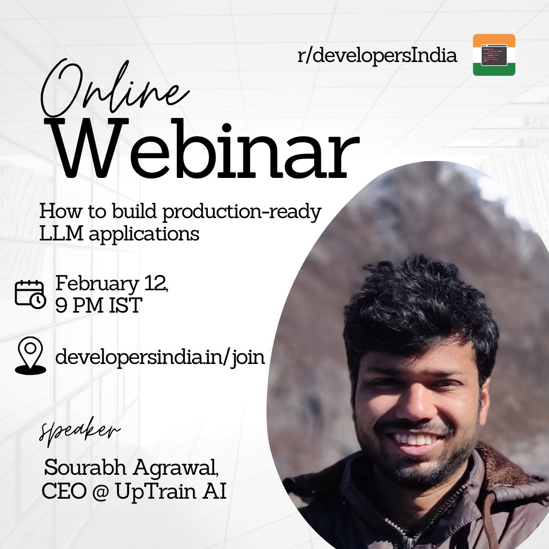 devsinindia's tweet photo. 🚨 Clueless about the LLM ecosystem? 
Join us for an exciting session about LLMs, RAG &amp; much more with @SourabhAgr03, CEO @UpTrainAI

Full Announcement: 
https://t.co/i3fH4BgI4k https://t.co/paBlpZzjWh