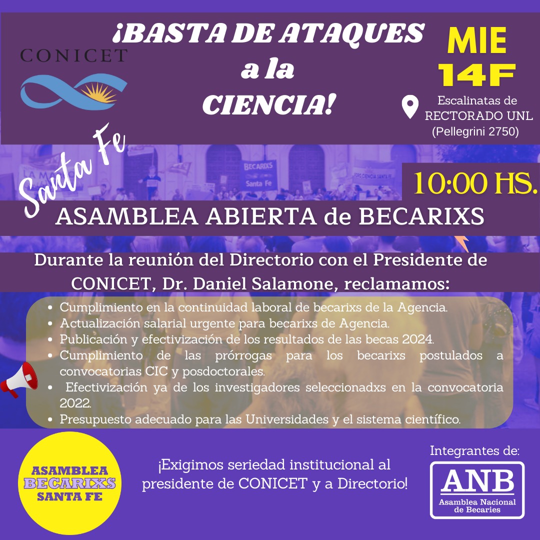becarixsSF's tweet photo. 🗣️ BASTA DE ATAQUES A LA CIENCIA
Asamblea Abierta de Becarixs en Santa Fe en el Rectorado UNL -10hs. Exigimos al presidente de CONICET: continuidad laboral, actualización salarial, publicación de resultados, prórrogas para becarixs y presupuesto adecuado. ¡Seriedad institucional! https://t.co/dQFcDMxJVT