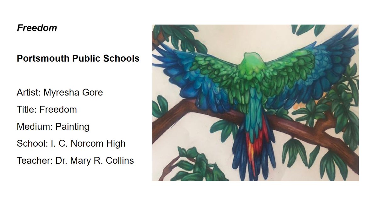 ICNorcomHigh's tweet photo. Freshman art student Myresha Moore was selected to have a piece of her artwork displayed in Richmond, VA.  She has been invited to visit the VA House of Representatives and be presented with honors from Delegate Don Scott on the house floor on February 20, 2024. Congratulations! https://t.co/9Oz8AHYFox