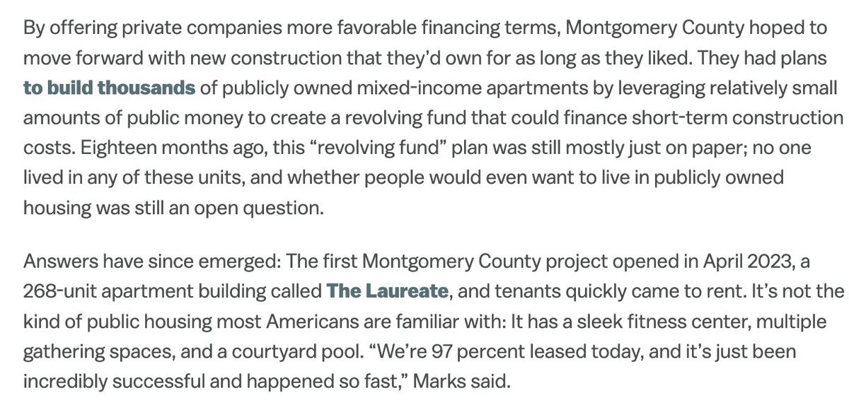 New Vox piece I'm excited to share: I wrote about the success of new publicly-owned housing built recently in Montgomery County, MD that has inspired cities like Atlanta, Boston, Chicago to follow suit. HUD + @FurmanCenterNYU also exploring the model. vox.com/policy/2024/2/…
