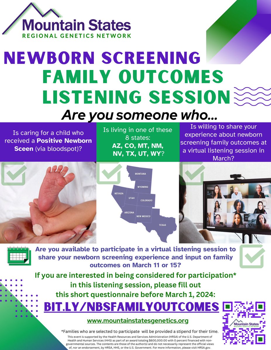 rootforkids's tweet image. Has your newborn had a positive newborn screening result? If you are and would like to share your input on family outcomes of newborn screening at an upcoming listening session, please fill out @geneticmtnstate &apos;s  interest form: bit.ly/NBSfamilyoutco… 
#NBS #newbornscreening