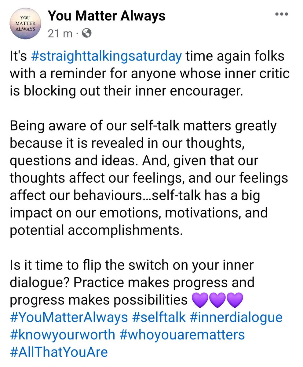 It's #straighttalkingsaturday time again folks with a reminder for anyone whose inner critic is blocking out their inner encourager. Is it time to flip the switch on your inner dialogue?  #YouMatterAlways #selftalk #innerdialogue #knowyourworth #whoyouarematters #AllThatYouAre