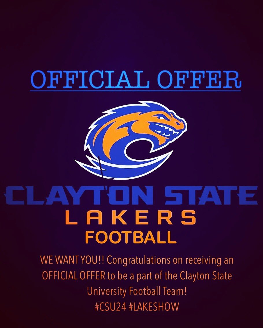 Beyond Blessed to receive a offer from🙏🏾
 <a href="/CSULakers/">Clayton State Athletics</a> 
<a href="/CarlKearneyJr1/">Coach Kearney</a> 
<a href="/high_spalding/">Spalding High Football</a>