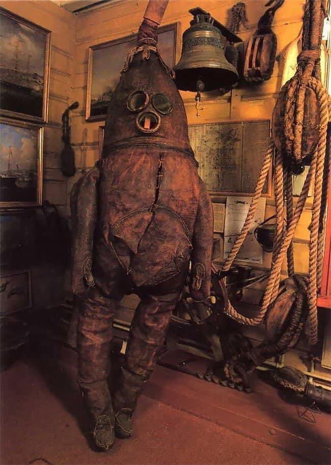 A diving suit made of cowskin, possibly the oldest surviving diving suit in the world. It was created in Finland in the 1700s.