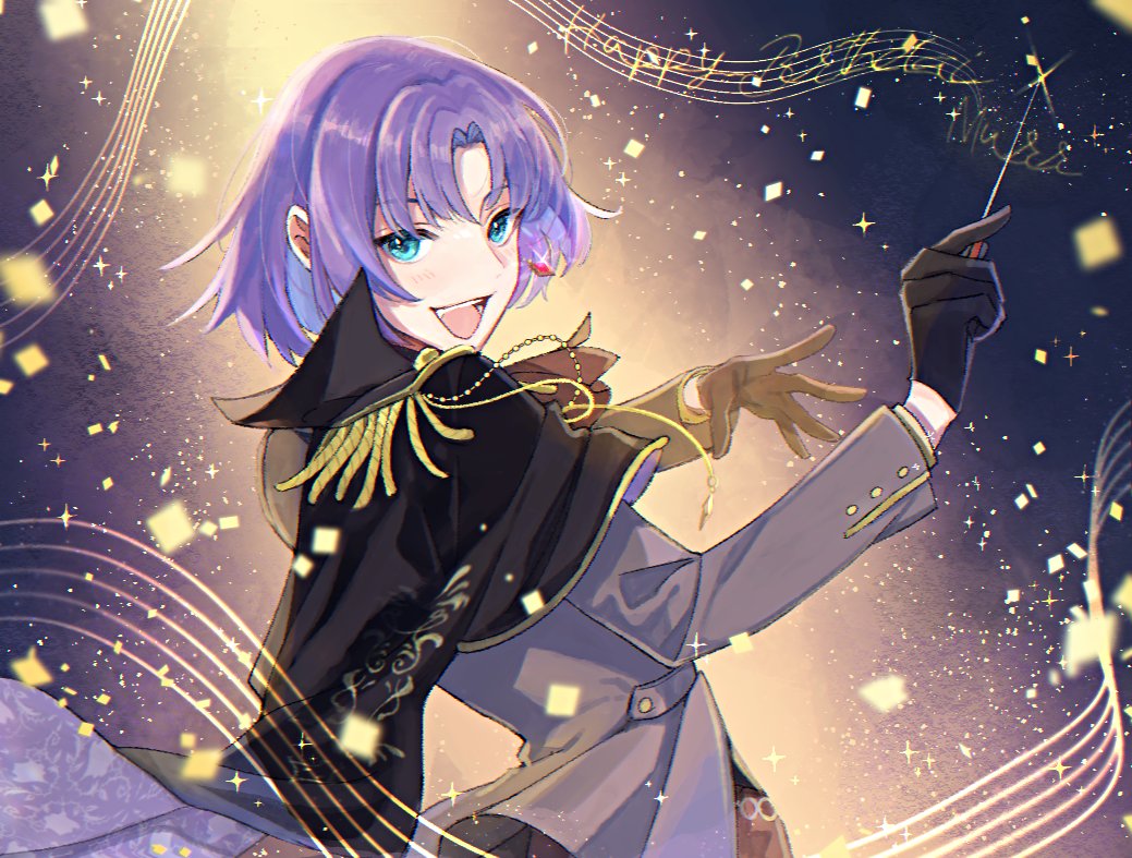 1boy male focus gloves solo purple hair blue eyes looking at viewer  illustration images
