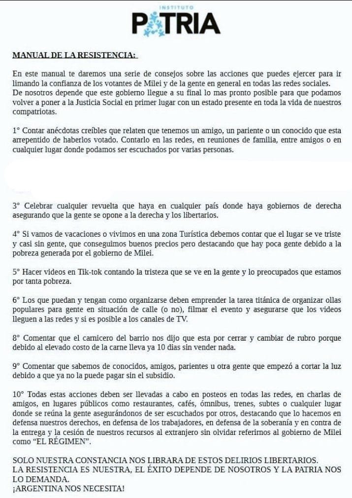 El Instituto Patria (los K) distribuyen instrucciones a su gente para voltear al gobierno nacional que lleva 2 meses de gestión. Raro: ¿Por qué esconden los puntos 2 y 7? Se los mando para que estemos atentos.