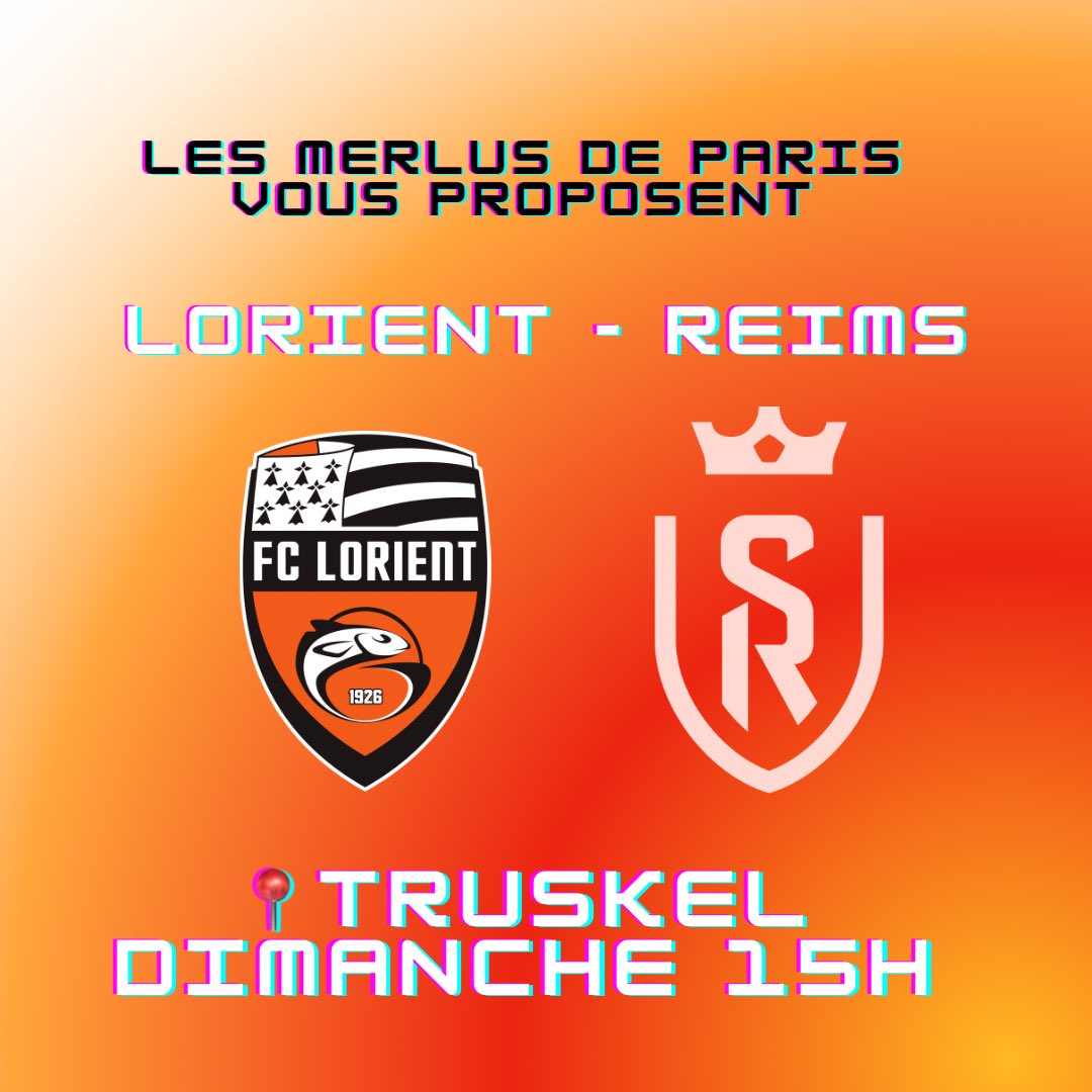 💪 Le <a href="/FCLorient/">FC LORIENT 🐟</a> rencontre le <a href="/StadeDeReims/">Stade de Reims</a> pour un match décisif dans la course au maintien. 

📺 Les <a href="/MerlusDeParis/">Les Merlus de Paris</a> vous proposent de nous retrouver ce dimanche à 15h pour supporter nos joueurs au <a href="/truskelclub/">Truskel Microclub</a> 

🔥 Ambiance survoltée en prévision 

#FCL #FCLorient #FCLSDR