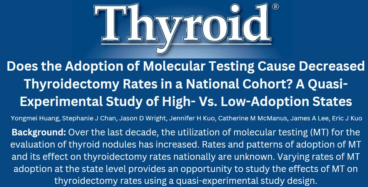 Thyroid Journal (@thyroidjournal) on Twitter photo New in @ThyroidJournal: Authors from <a href="/ColumbiaSurgery/">Columbia Surgery</a> investigate the effect of molecular testing in #thyroidnodules on the rate of #thyroidectomy & which groups are less likely to receive this diagnostic test.
ow.ly/yaLz50QzLFT
<a href="/EricJKuoMD/">Eric J Kuo</a> <a href="/JenniferKuo5/">Jennifer Kuo</a> <a href="/TheAAES/">American Association of Endocrine Surgeons</a> New in @ThyroidJournal: Authors from <a href="/ColumbiaSurgery/">Columbia Surgery</a> investigate the effect of molecular testing in #thyroidnodules on the rate of #thyroidectomy & which groups are less likely to receive this diagnostic test.
ow.ly/yaLz50QzLFT
<a href="/EricJKuoMD/">Eric J Kuo</a> <a href="/JenniferKuo5/">Jennifer Kuo</a> <a href="/TheAAES/">American Association of Endocrine Surgeons</a>