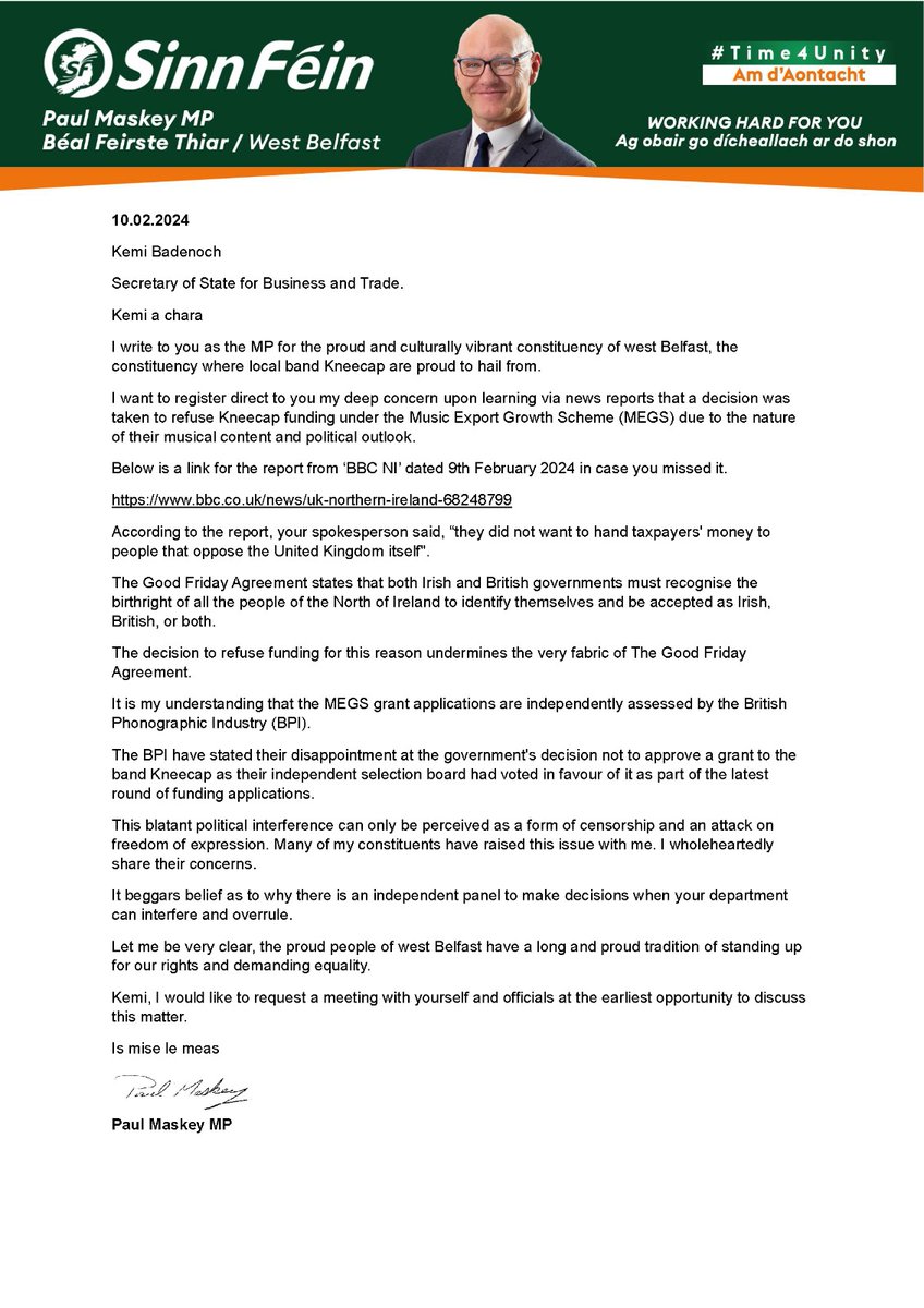 I have expressed my deep concern to Kemi Badenoch, re: reports that a decision was taken to refuse Kneecap funding under the MEGS Scheme due to the nature of their musical content & political outlook This decision is blatant political interference & needs reversed immediately