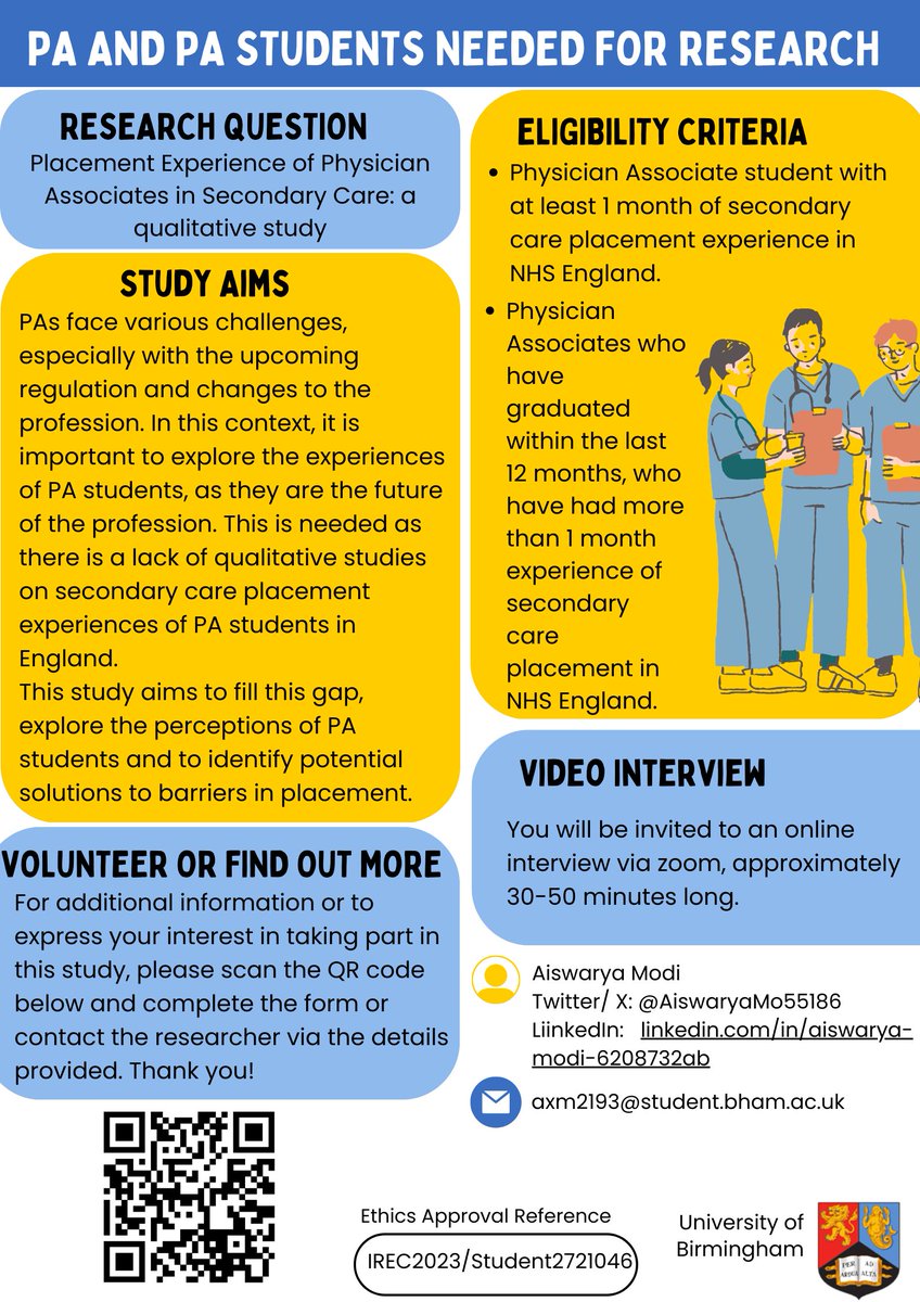I will be carrying out research on the secondary care placement experiences of PAs in England. If you're interested in finding out more, fill out the form through: forms.gle/kFZ1QCC9NrdK8q…. Please share with anyone who may be interested. #PhysicianAssociate #PAstudent