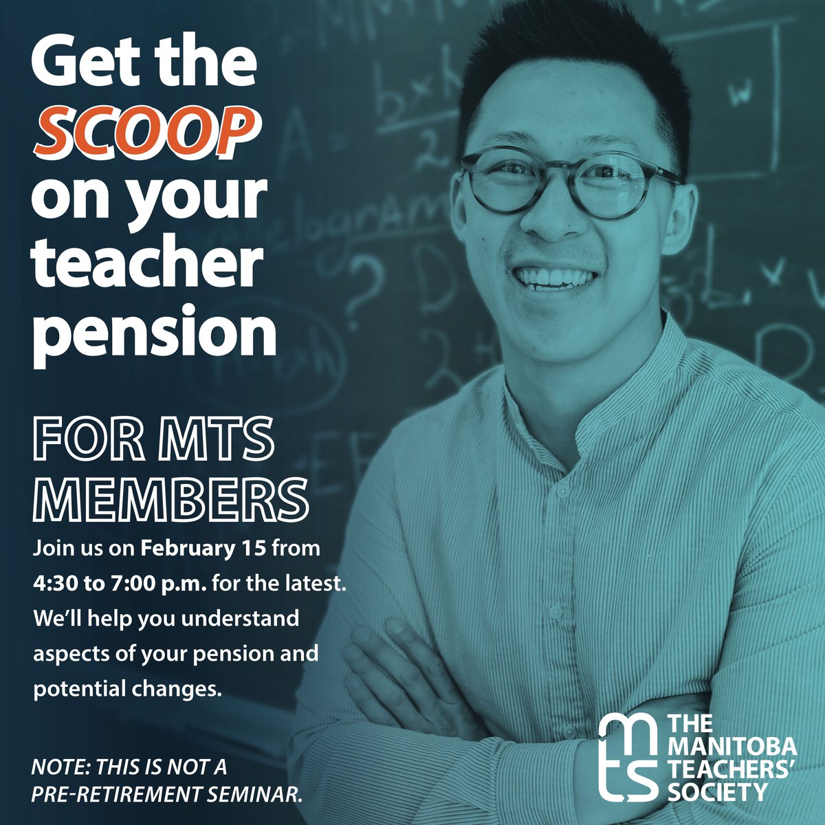 MTS members! Get the scoop on your teacher pension. Register at buff.ly/2qgf1o8 and join us in person after school at McMaster House on Feb. 15. We'll help you understand aspects of your pension and potential changes. This is not a retirement seminar.