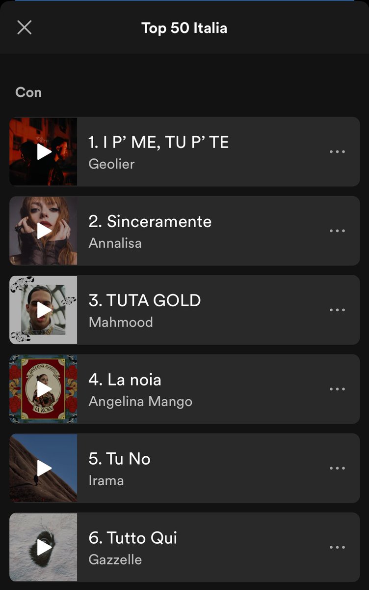 R_o_b_y___'s tweet photo. #TOP50 ITALIA .
Inspiegabile e sconcertante #Geolier .
Podio per #Annalisa e #Mahmood
#SpotifyTop50 #AppleMusicTop100 #sanremo2024 #Sanremo24 #FestivaldiSanremo2024 https://t.co/zJxUEuC0Pc